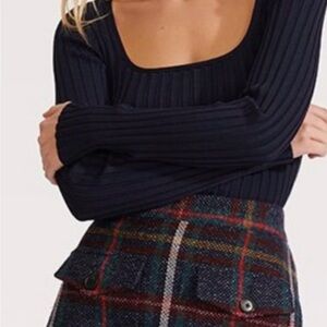 Veronica Beard Blue Ribbed Long Sleeve Bodysuit